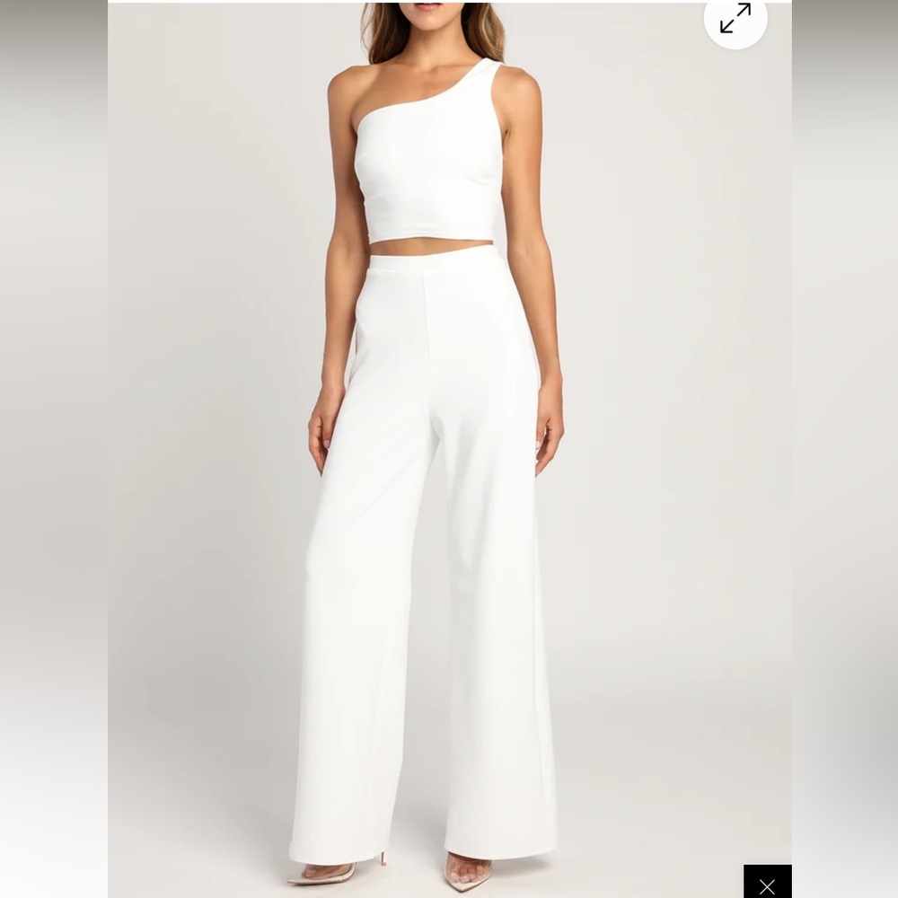 Lulu's White Wide Leg Pants High Waisted and One Shoulder Top Set